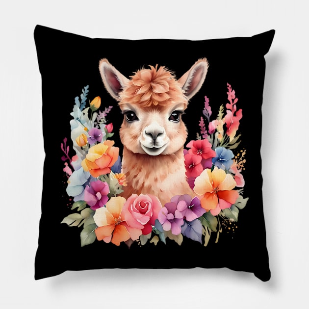 An alpaca decorated with beautiful watercolor flowers Pillow by CreativeSparkzz