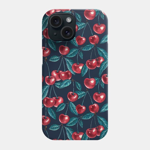 Red cherries on dark blue Phone Case by katerinamk