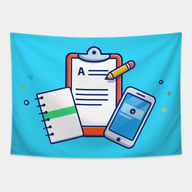 Clipboard, Note Book, Paper, Pencil, And Hand Phone Cartoon Tapestry by Catalyst Labs