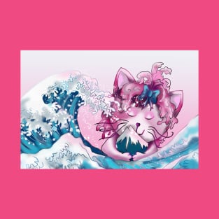 Pink cat hugging Mount Fuji in the wave off Kanagawa T-Shirt