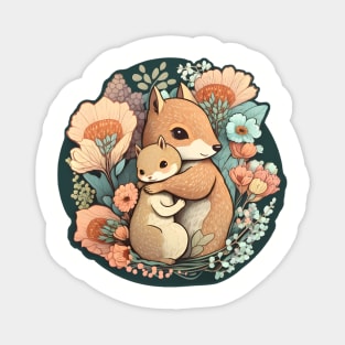 Mother and Baby Squirrel Embracing in Flowers Garden Magnet