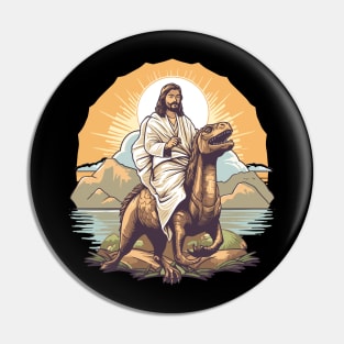 Jesus Christ on a Velociraptor Funny Dinosaur Meme Pin