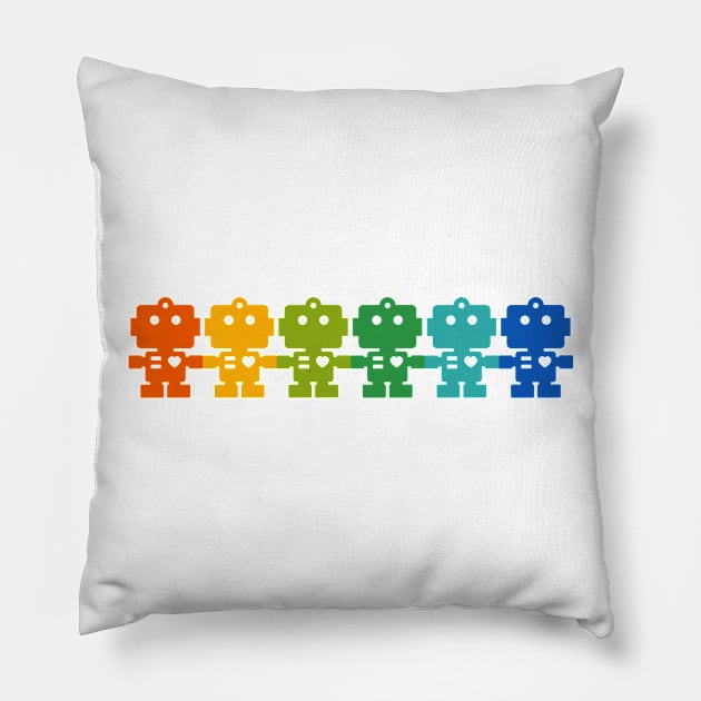 Rainbow Robots holding hands Pillow by XOOXOO