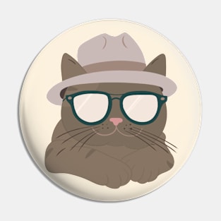 Chic Tabby: Minimalist Cat Art with Grey Hat & Sunglasses Pin