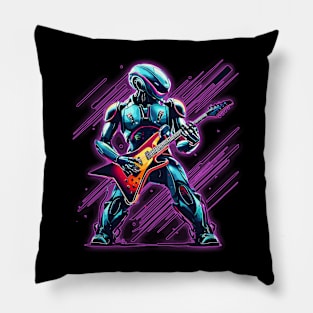 A Heavy Metal Rock and Roll Robot Plays Lead Guitar with Purple Laser Background Pillow