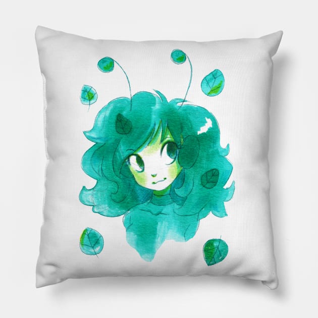 Watercolor Green Leaf Girl Pillow by saradaboru