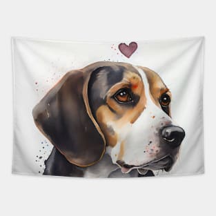 A Watercolor Beagle Dog Portrait with Loose Valentine Hearts Tapestry