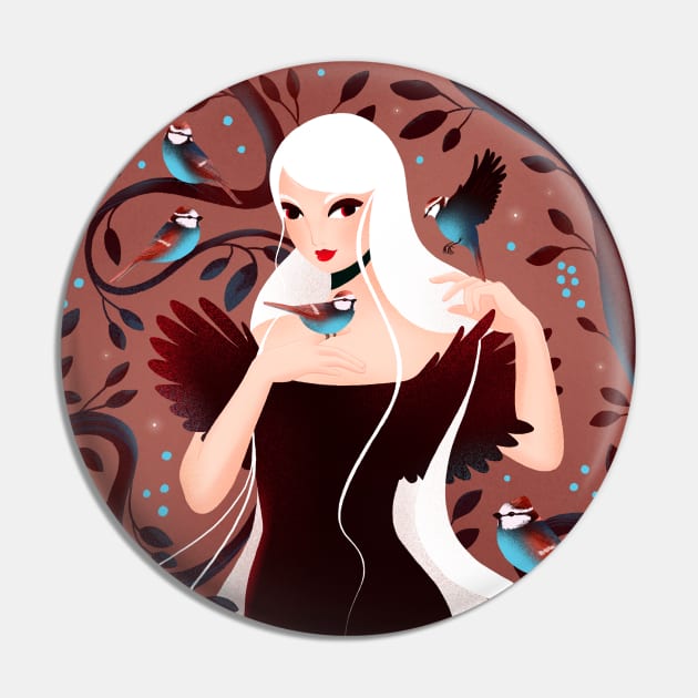 Girl in the forest with cute birds, version 3 Pin by iulistration