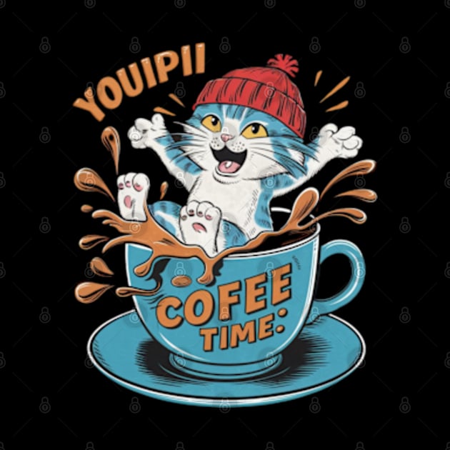 A hilarious and vibrant vintage-inspired illustration of an adorable cat wearing a red beanie, sitting inside a coffee cup that's spilling coffee by YolandaRoberts