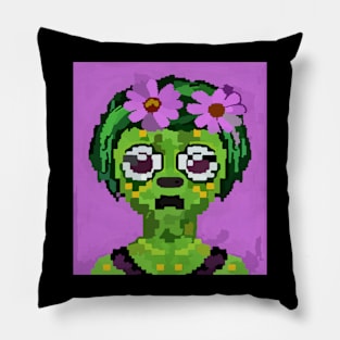 watercolor flowers green zombie girl pixel art Pillow