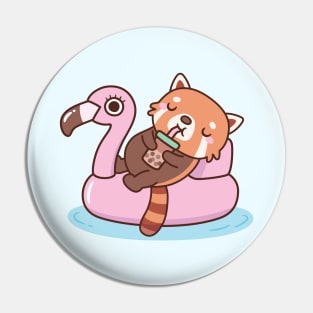 Cute Red Panda With Flamingo Pool Float Summer Pin