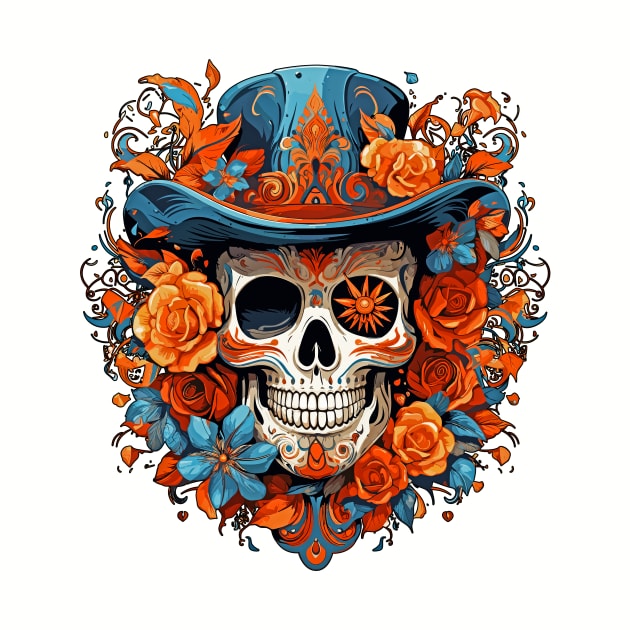 Day of the Dead Dia de Los Muertos Sugar Skull with Top Hat by Tees 4 Thee