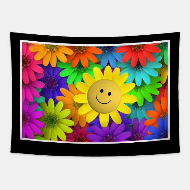 Colorful Flowers and Happy Face Tapestry by Pop Cult Store