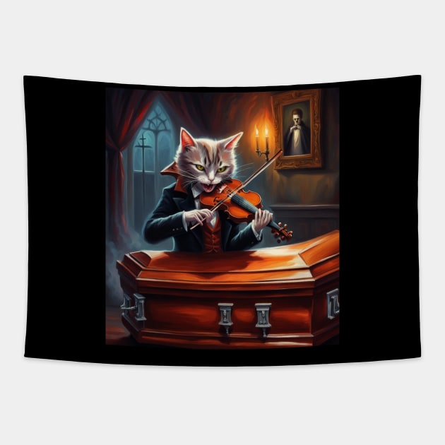 horrifying vampire cat playing violin Tapestry by Catbrat