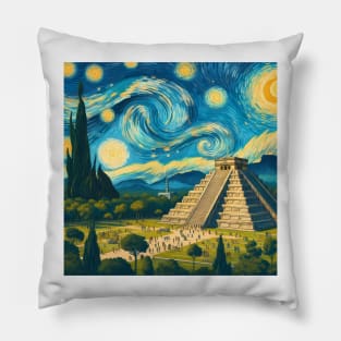 Chichen Itza, Mexico, in the style of Vincent van Gogh's Starry Night Pillow