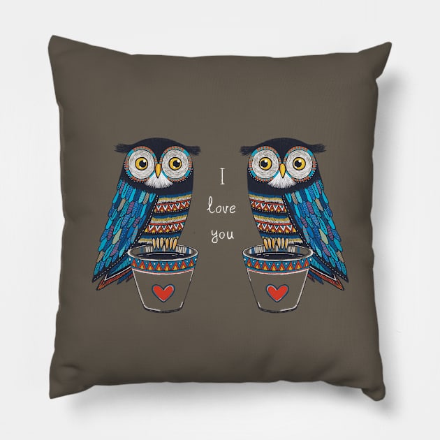 Cute owl couple in chalk hand drawn style Pillow by Rohan Dahotre