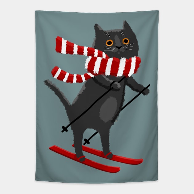 Kitty Hitting the Slopes Tapestry by KilkennyCat Art