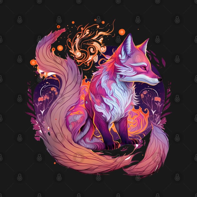 Purple Kitsune Fox Floral Japanese Folklore by RetroZin