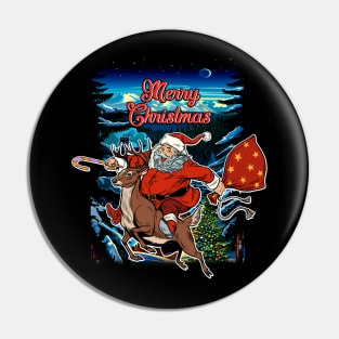 Santa Claus Riding Reindeer Merry Christmas Funny Pin