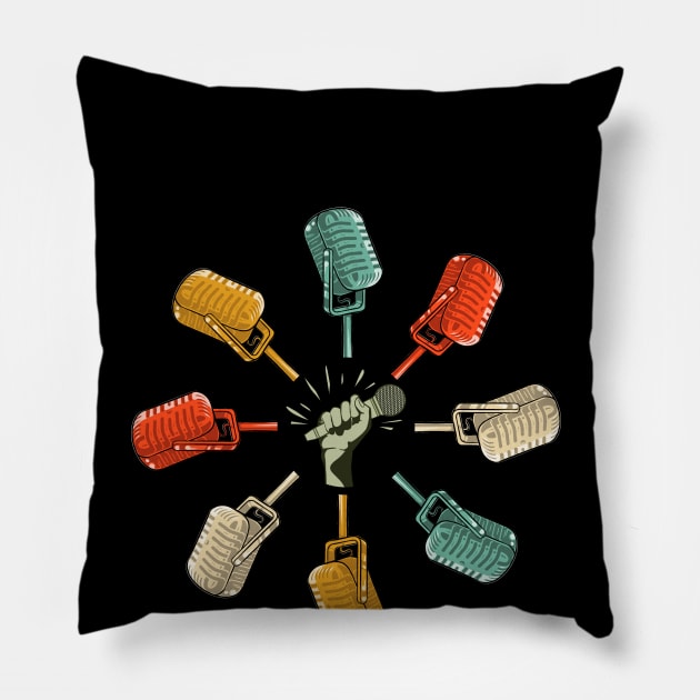 Vintage Retro Microphone Singer Podcaster Karaoke Star. Pillow by Jas-Kei Designs