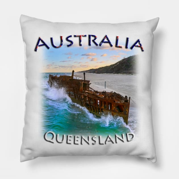 Australia, Queensland - Fraser Island Maheno Pillow by TouristMerch