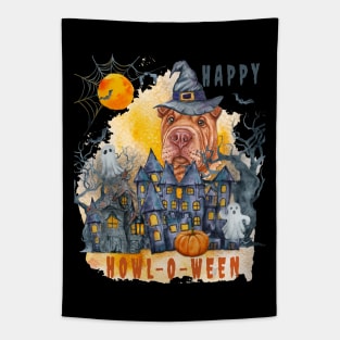 Shar pei  Happy Howl-o-ween Ghost Houses Funny Watercolor Tapestry