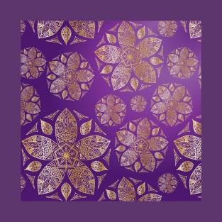 Mandala and Leaves Floral Pattern Gold Five Petal Flower on Purple Ombre T-Shirt