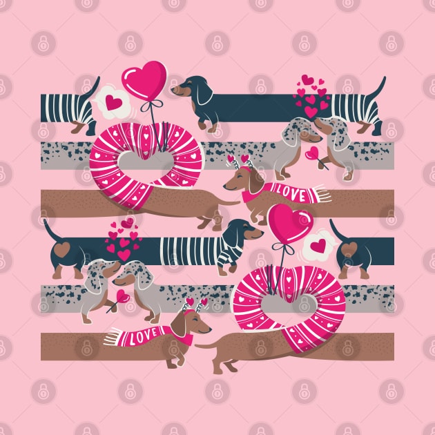 Dachshunds long love // fuchsia pink hearts scarves sweaters and other Valentine's Day details brown nile blue and dark grey spotted funny doxies dog puppies by SelmaCardoso