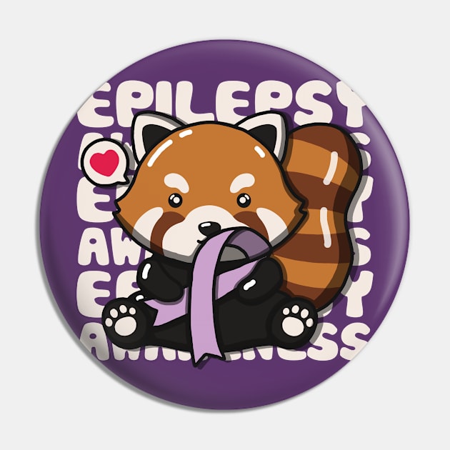 Cute Red Panda Holding Epilepsy Awareness Ribbon Pin by Luna Illustration