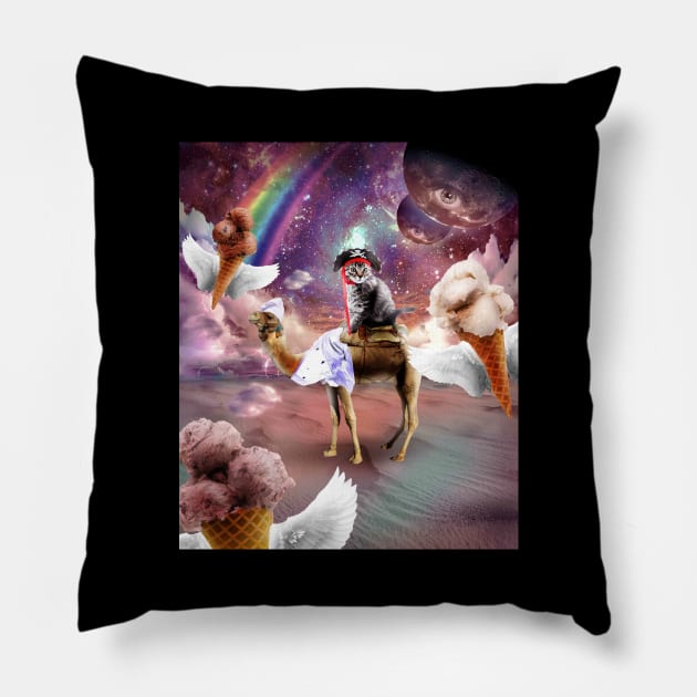 Cat Riding Camel With Flying Space Ice Cream Pillow by Random Galaxy