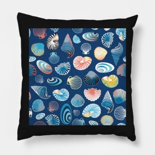 colorful sea shells on dark blue background Pillow