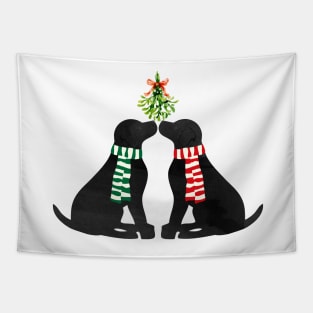 Christmas Black Labrador Dogs Kissing Mistletoe Tapestry