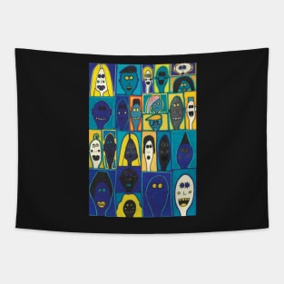 24 Faces in Blue and Yellow Tapestry