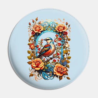 Bird on a branch with roses retro vintage floral design Pin