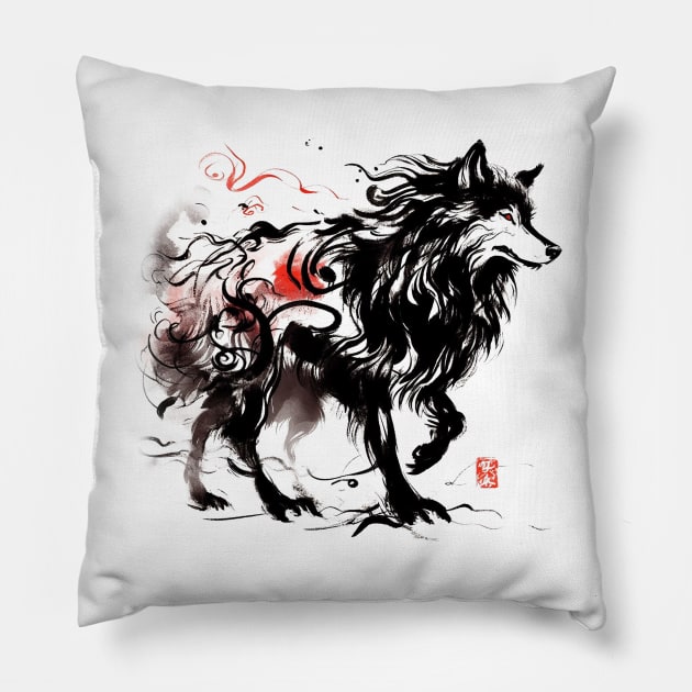 Chinese Style Ink Wolf Pillow by T-Shirt Paradise