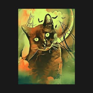 Camiseta de Halloween con un gato negro espeluznante rodeado de árboles muertos, murciélagos y una luna grande