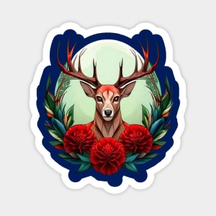 Ohio White Tailed Deer Surrounded By Red Carnations Tattoo Art Magnet