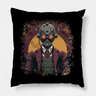 Vintage Illustration - Stylish Skeleton Robot Against the Yellow Moon, a Retro Design with a Horror Twist. Pillow