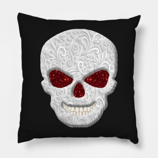 Lacy Floral Faux Red Glitter Eyes Skull Pillow