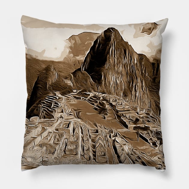 South America Machu Picchu Peru T-Shirt Sephia Pillow by SouthAmericaLive