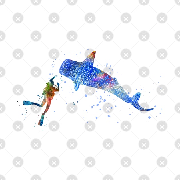 Scuba diver, blue whale shark by RosaliArt