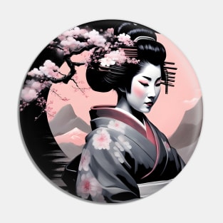 Japanese Geisha with Cherry Blossoms Black Pin