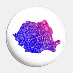 Colorful mandala art map of Romania with text in blue and violet Pin