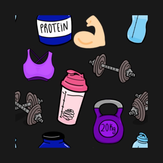 Gym girl Gym Essentials Protein, Shaker, Bra, Kettlebell, Dumbbell, Water bottle by SusanaDesigns