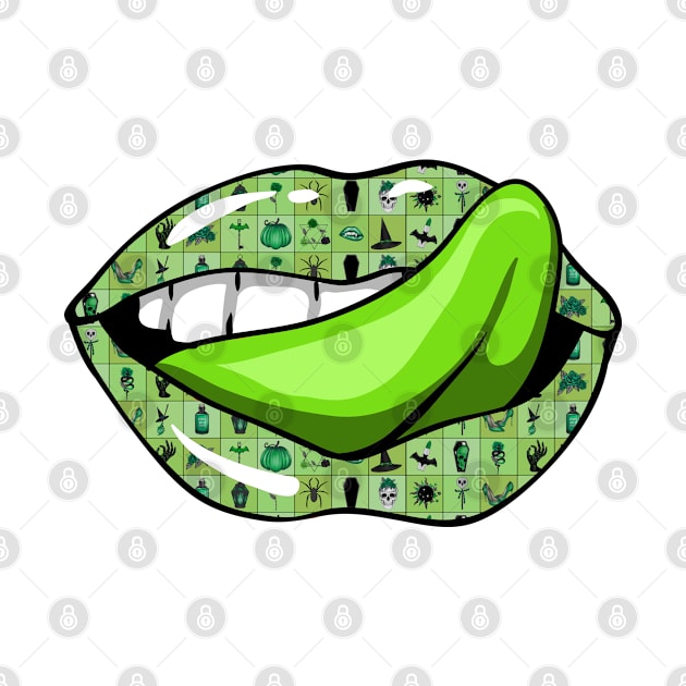 Artistic Abstract Green Halloween Pattern Lips with Green  Tongue - by Iskybibblle by iskybibblle