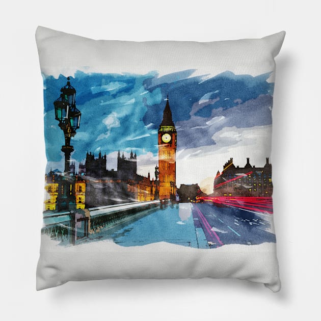 London, England Watercolor Travel Souvenir Fine Art Pillow by Naumovski