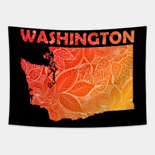 Colorful mandala art map of Washington with text in red and orange Tapestry