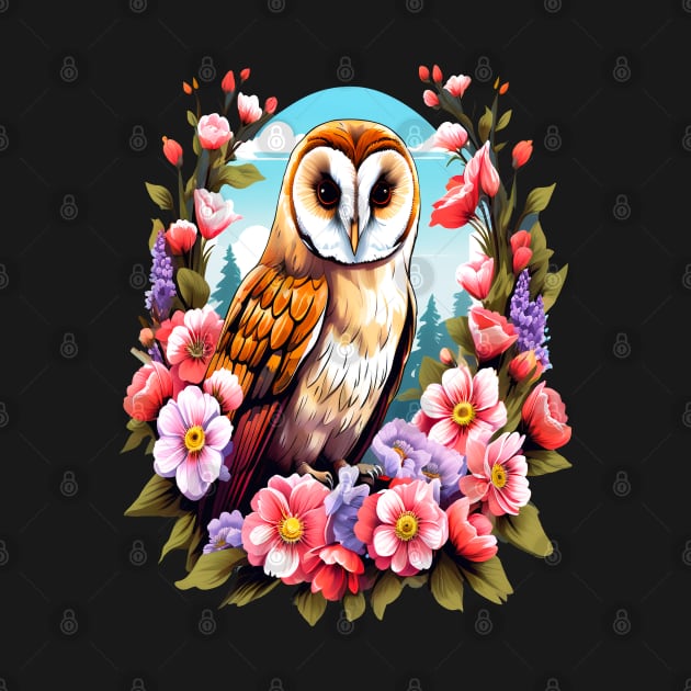 Cute European Barn Owl Surrounded by Bold Vibrant Spring Flowers by BirdsnStuff