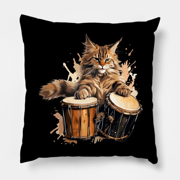 Maine Coon Cat Playing Drums Pillow by Graceful Designs