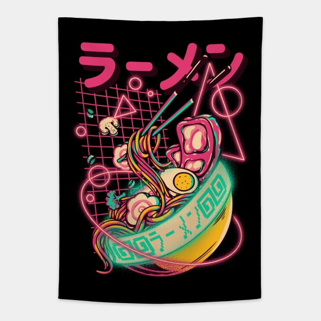 Retro Ramen - Retrowave Ramen With Geometric Neon elements, Cute Ramen Bowl - Kawaii ラーメン  Cyberpunk Vaporwave synth 80s 90s digital gaming style Tapestry by anycolordesigns